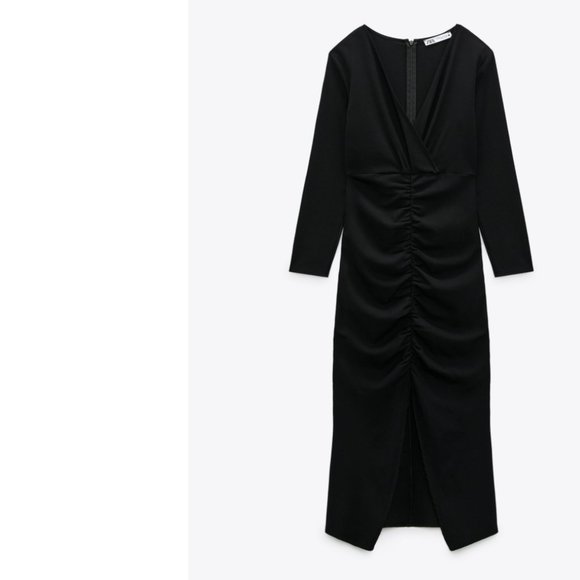 ZARA BLACK STRETCH V NECK DRAPED MIDI MAXI DRESS WITH SLIT - Picture 1 of 14